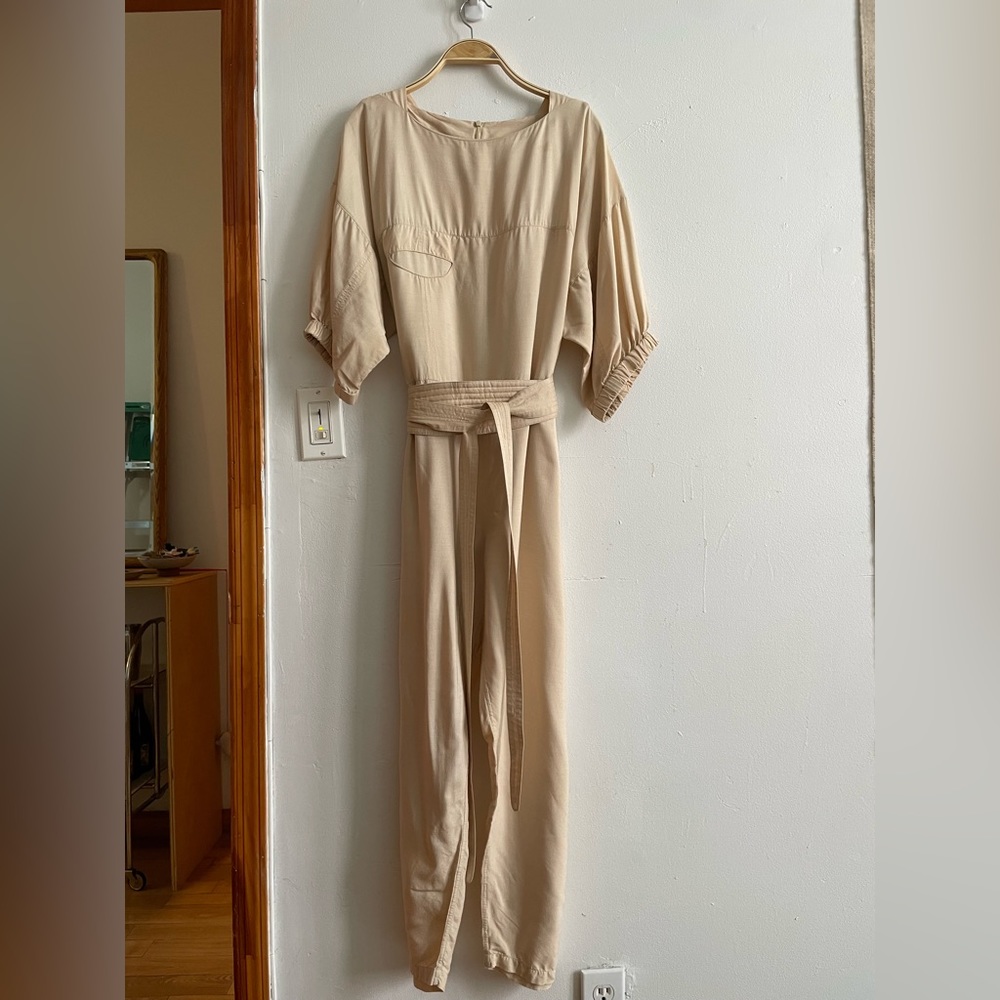 Electric Feathers Tan Boat Jumpsuit